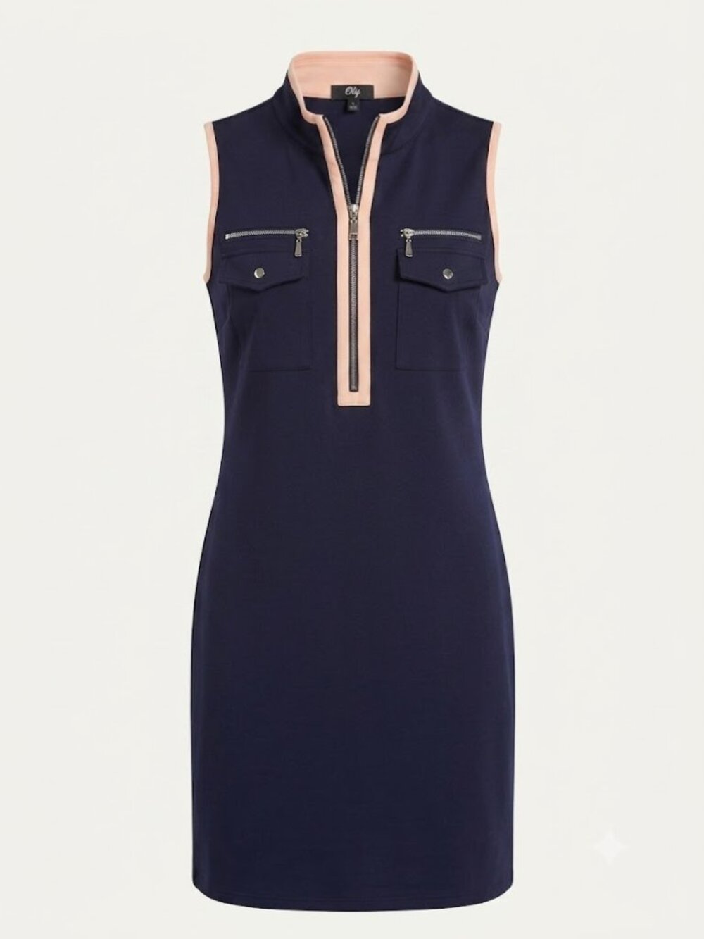 Orly Navy Pink Contrast Trim Zip Front Shift Dress Sleeveless Knee Length M
